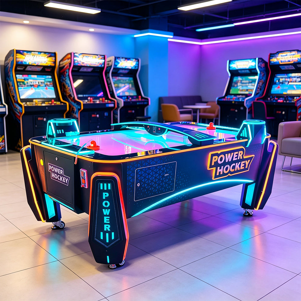 GAMEON Power Hockey Arcade Machine - Air Powered Hockey Game Table with Electronic Scoring, LED Lights & Interactive Two Player Challenge for Entertainment Venues - Black