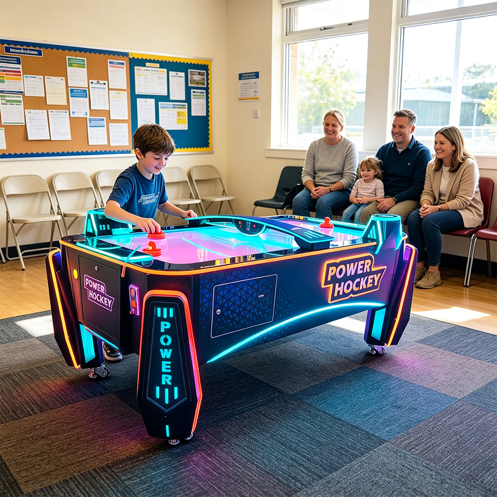 GAMEON Power Hockey Arcade Machine - Air Powered Hockey Game Table with Electronic Scoring, LED Lights & Interactive Two Player Challenge for Entertainment Venues - Black