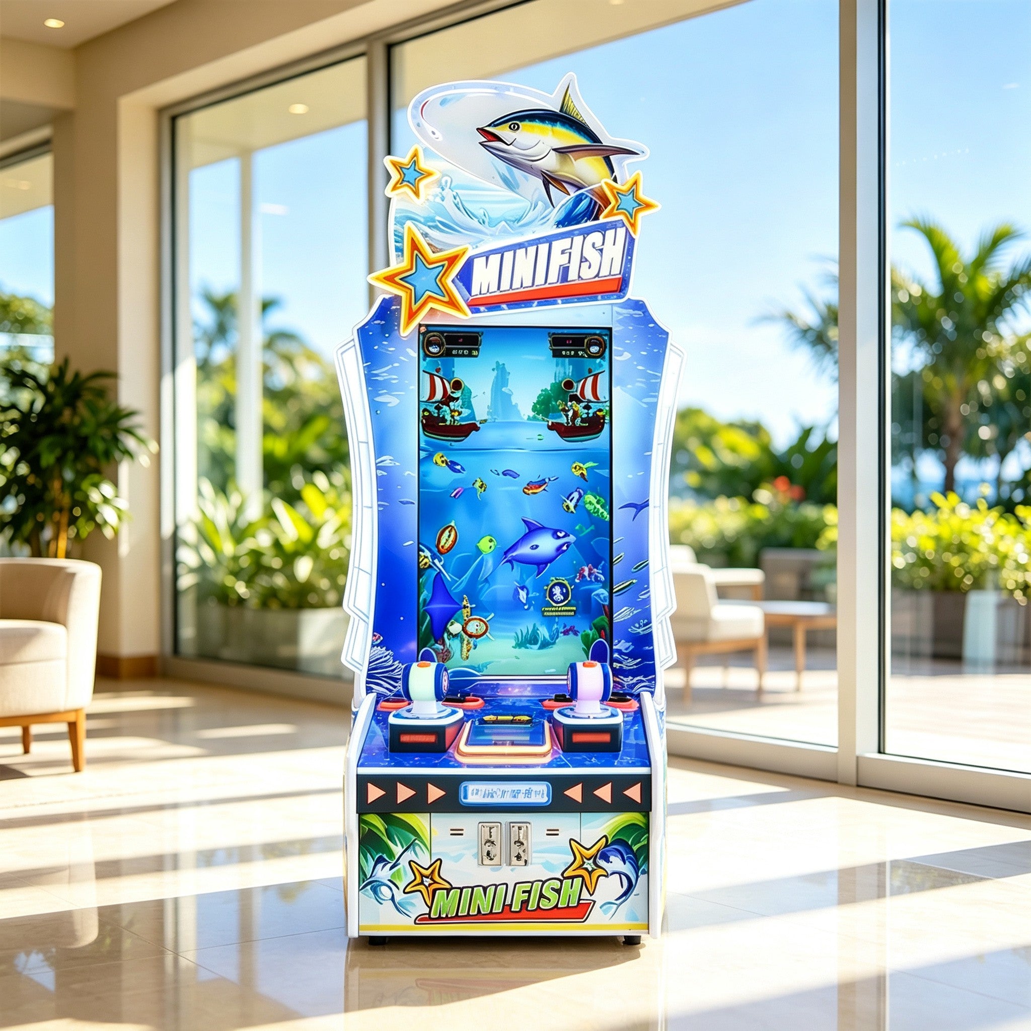GAMEON Vertical Fishing Arcade Machine - Coin Operated Fishing Game with Dual Player Controls, LCD Display & Ticket Rewards for Kids Entertainment Venues - White