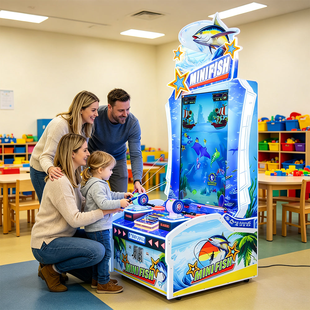 GAMEON Vertical Fishing Arcade Machine - Coin Operated Fishing Game with Dual Player Controls, LCD Display & Ticket Rewards for Kids Entertainment Venues - White