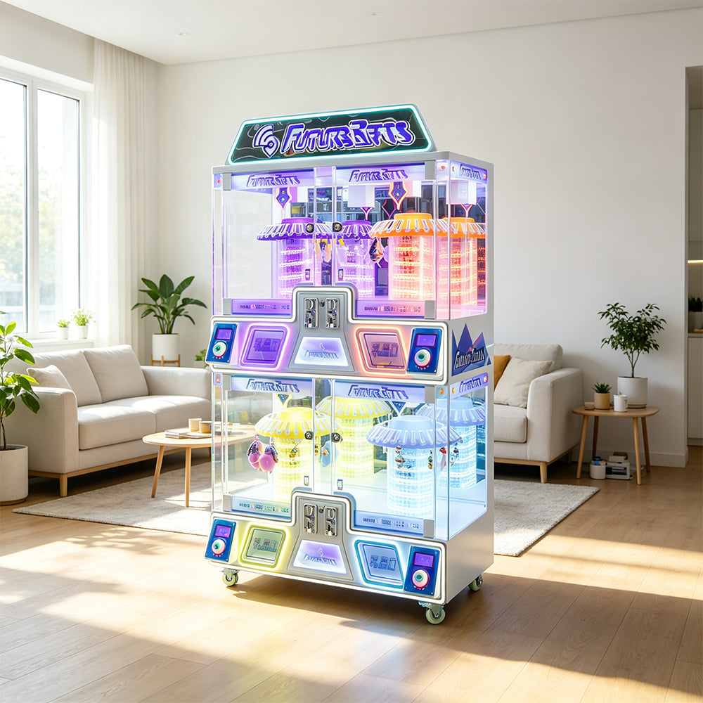 GAMEON Future Claw Machine - Four Player Coin Operated Arcade Prize Game with Mechanical Claw, LED Lights & Gift Display for Entertainment Venues - White