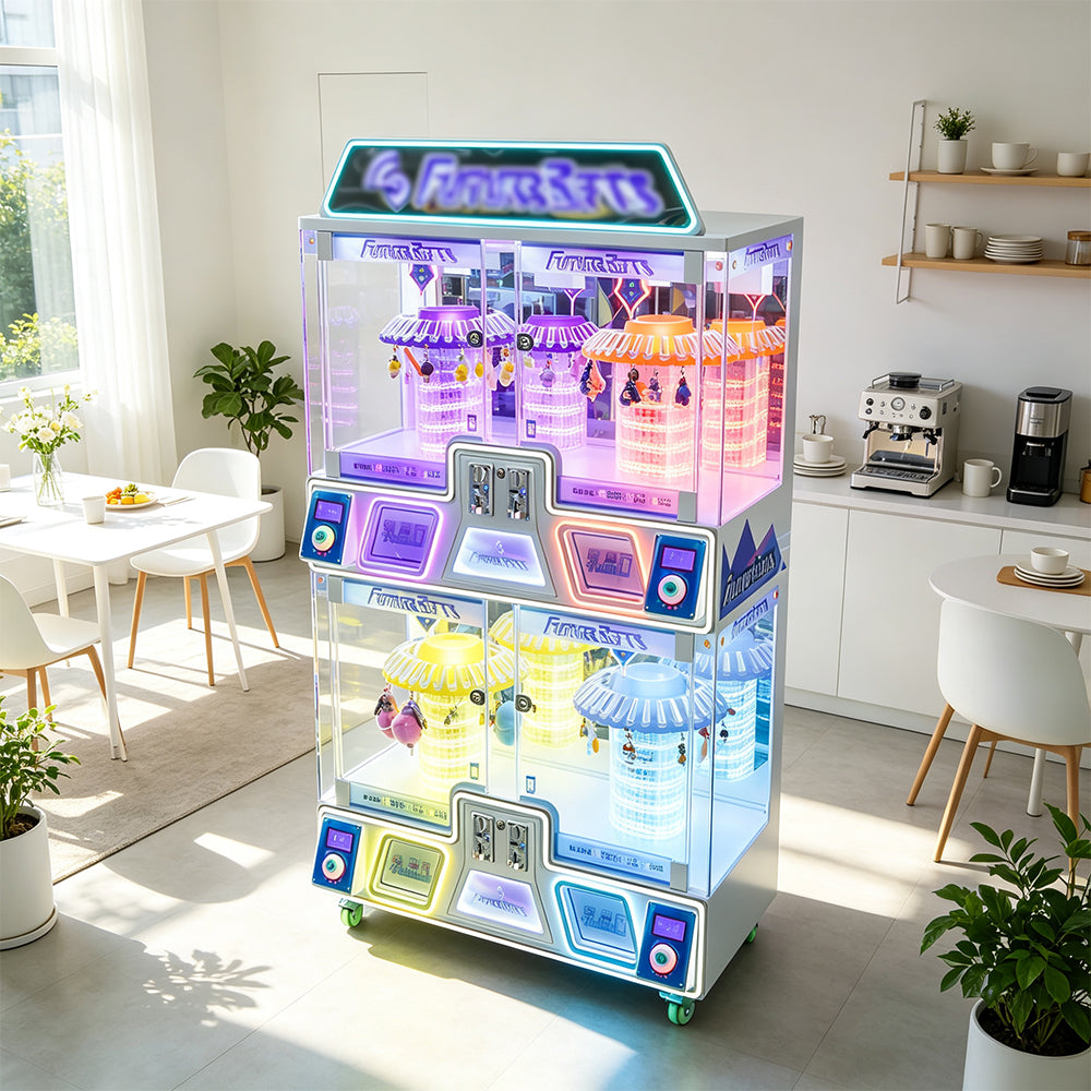 GAMEON Future Claw Machine - Four Player Coin Operated Arcade Prize Game with Mechanical Claw, LED Lights & Gift Display for Entertainment Venues - White