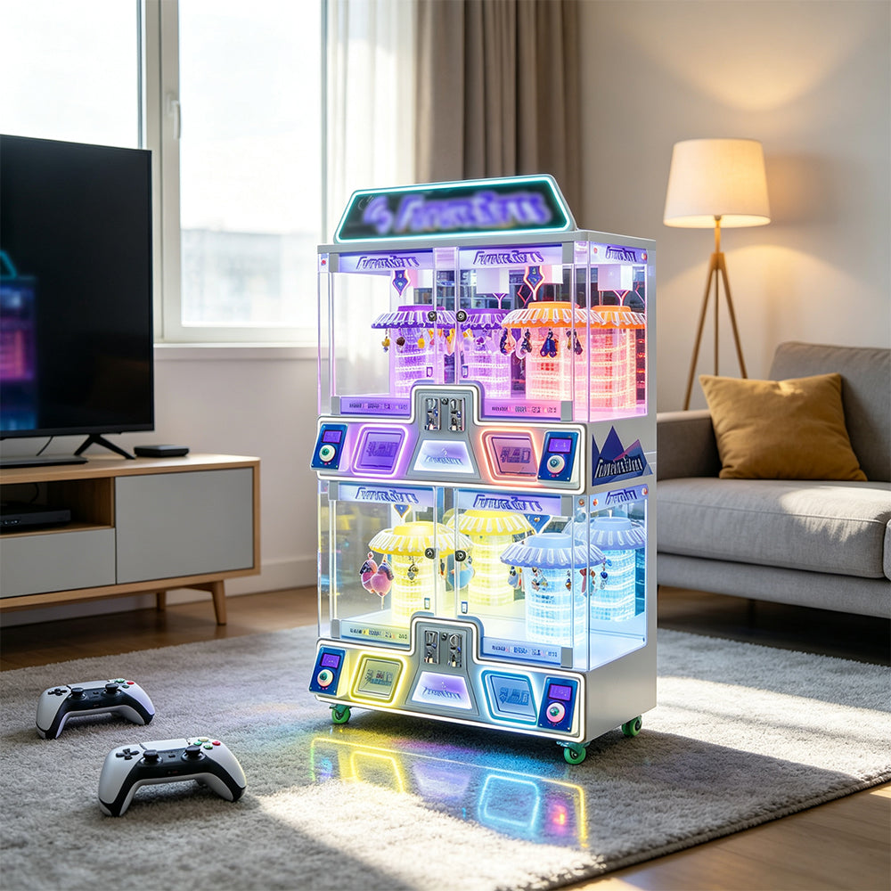 GAMEON Future Claw Machine - Four Player Coin Operated Arcade Prize Game with Mechanical Claw, LED Lights & Gift Display for Entertainment Venues - White