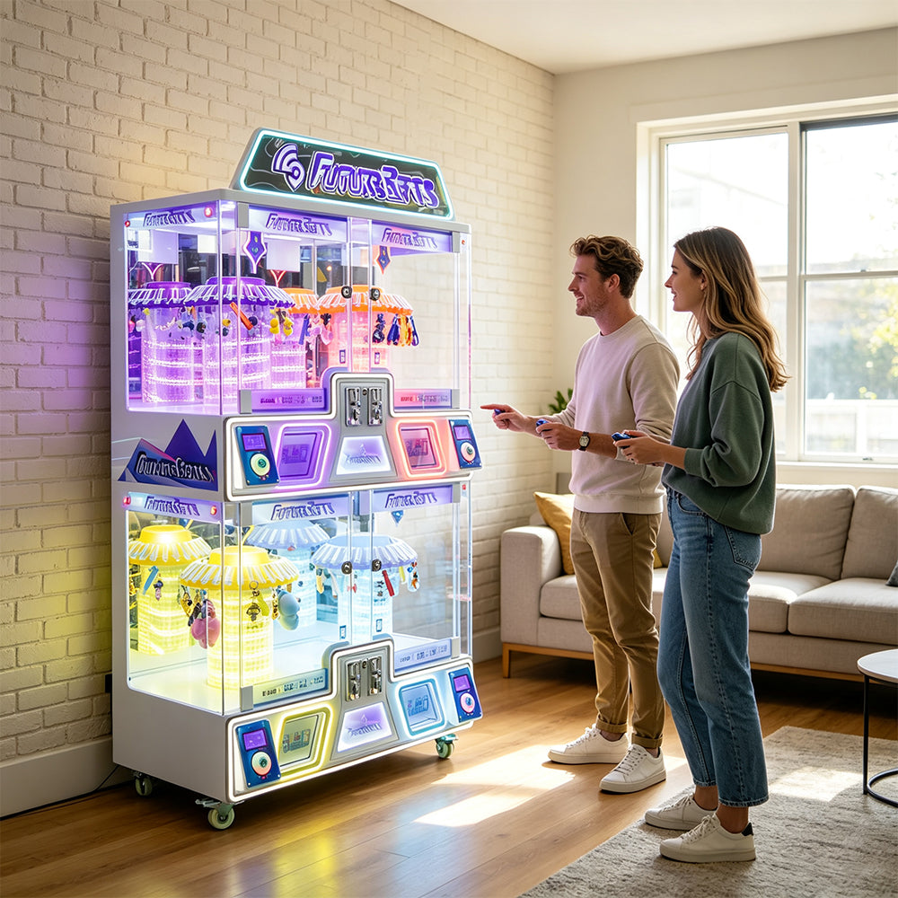 GAMEON Future Claw Machine - Four Player Coin Operated Arcade Prize Game with Mechanical Claw, LED Lights & Gift Display for Entertainment Venues - White