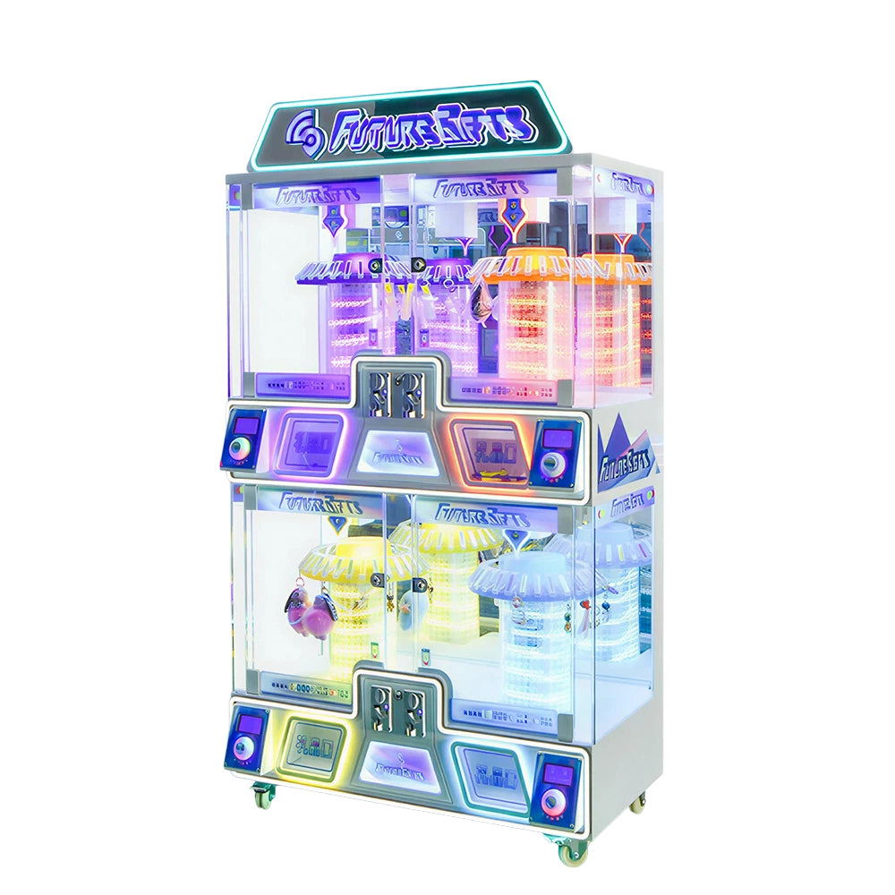 GAMEON Future Claw Machine - Four Player Coin Operated Arcade Prize Game with Mechanical Claw, LED Lights & Gift Display for Entertainment Venues - White