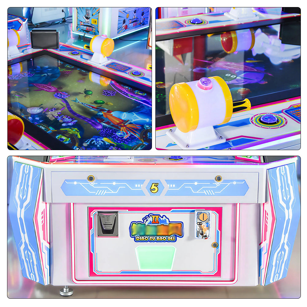 GAMEON 6 Player Fishing Arcade Machine - Coin Operated Fishing Game with Multiplayer Controls, LCD Display & Ticket Rewards for Kids Entertainment Venues - White