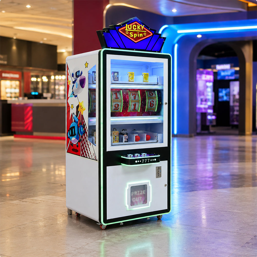 GAMEON Lucky Spin Prize Machine - Coin Operated Arcade Game with 777 Wheel, Random Rewards & Gift Display for Kids Entertainment Venues - White