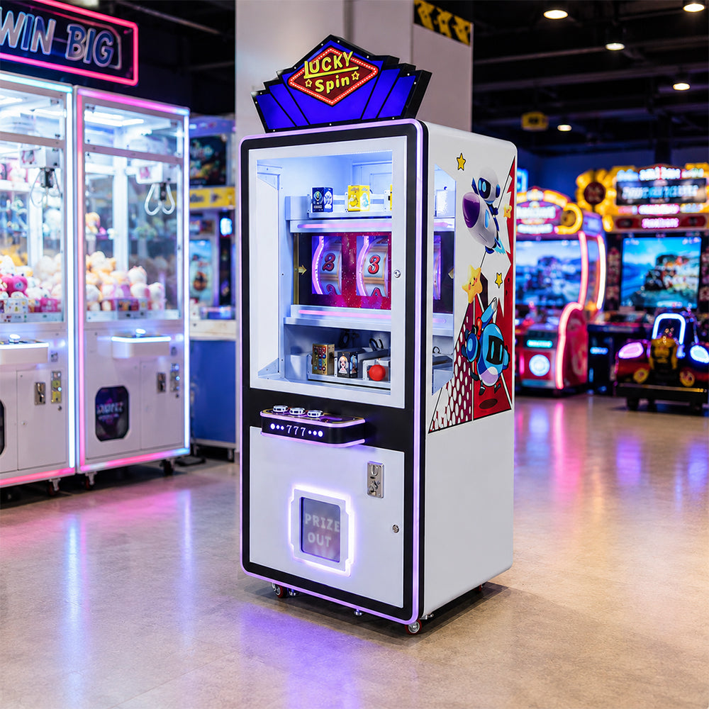 GAMEON Lucky Spin Prize Machine - Coin Operated Arcade Game with 777 Wheel, Random Rewards & Gift Display for Kids Entertainment Venues - White