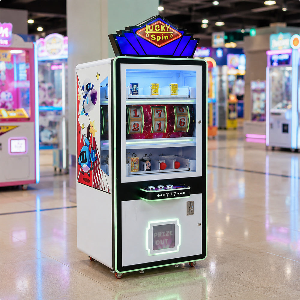 GAMEON Lucky Spin Prize Machine - Coin Operated Arcade Game with 777 Wheel, Random Rewards & Gift Display for Kids Entertainment Venues - White