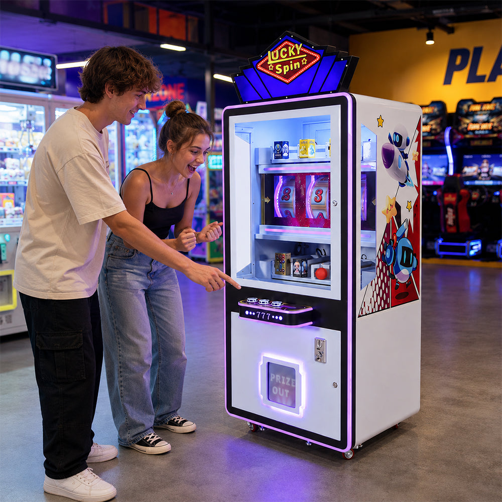 GAMEON Lucky Spin Prize Machine - Coin Operated Arcade Game with 777 Wheel, Random Rewards & Gift Display for Kids Entertainment Venues - White