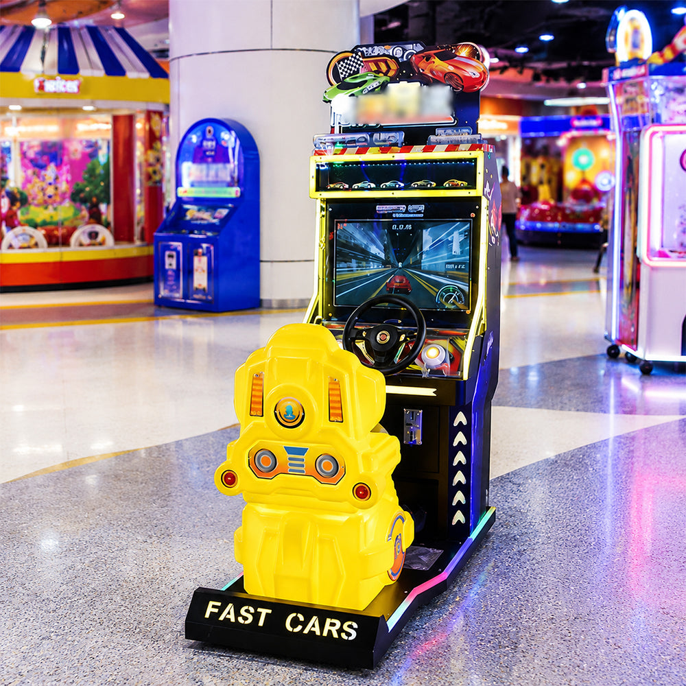 GAMEON Racing Arcade Machine - Coin Operated Kids Driving Game with Steering Wheel, Pedals, LCD Display & Interactive Car Racing Experience - Yellow