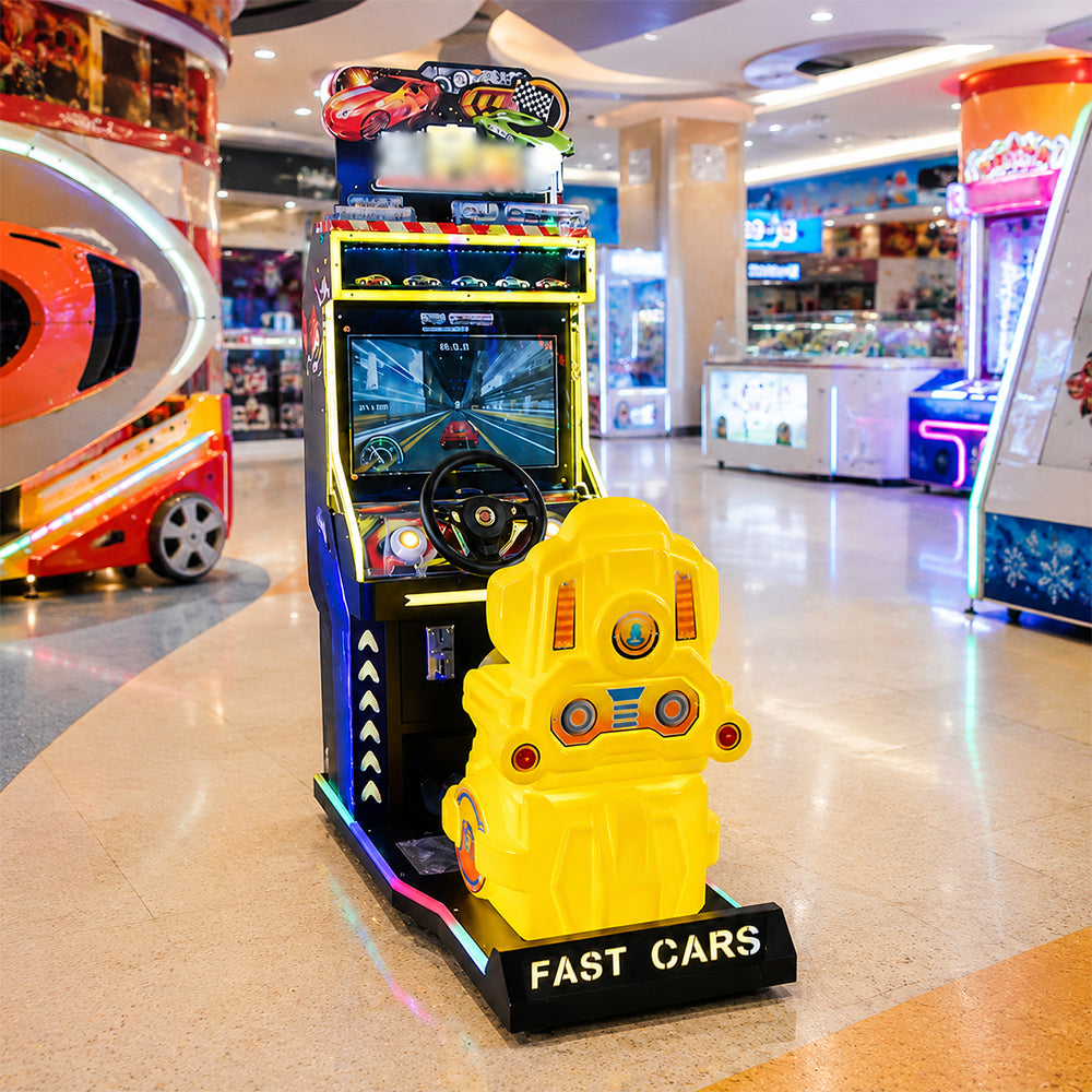 GAMEON Racing Arcade Machine - Coin Operated Kids Driving Game with Steering Wheel, Pedals, LCD Display & Interactive Car Racing Experience - Yellow