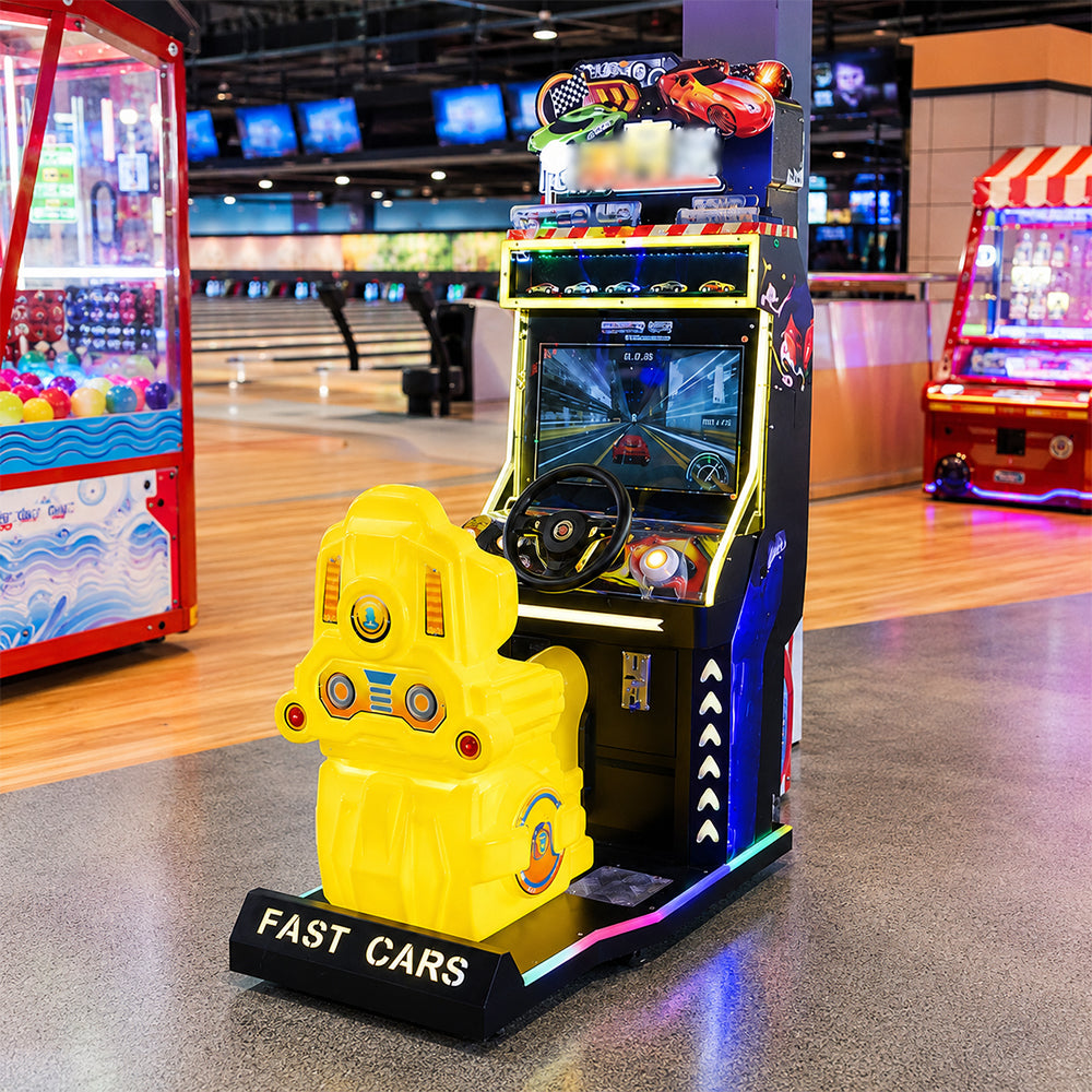 GAMEON Racing Arcade Machine - Coin Operated Kids Driving Game with Steering Wheel, Pedals, LCD Display & Interactive Car Racing Experience - Yellow