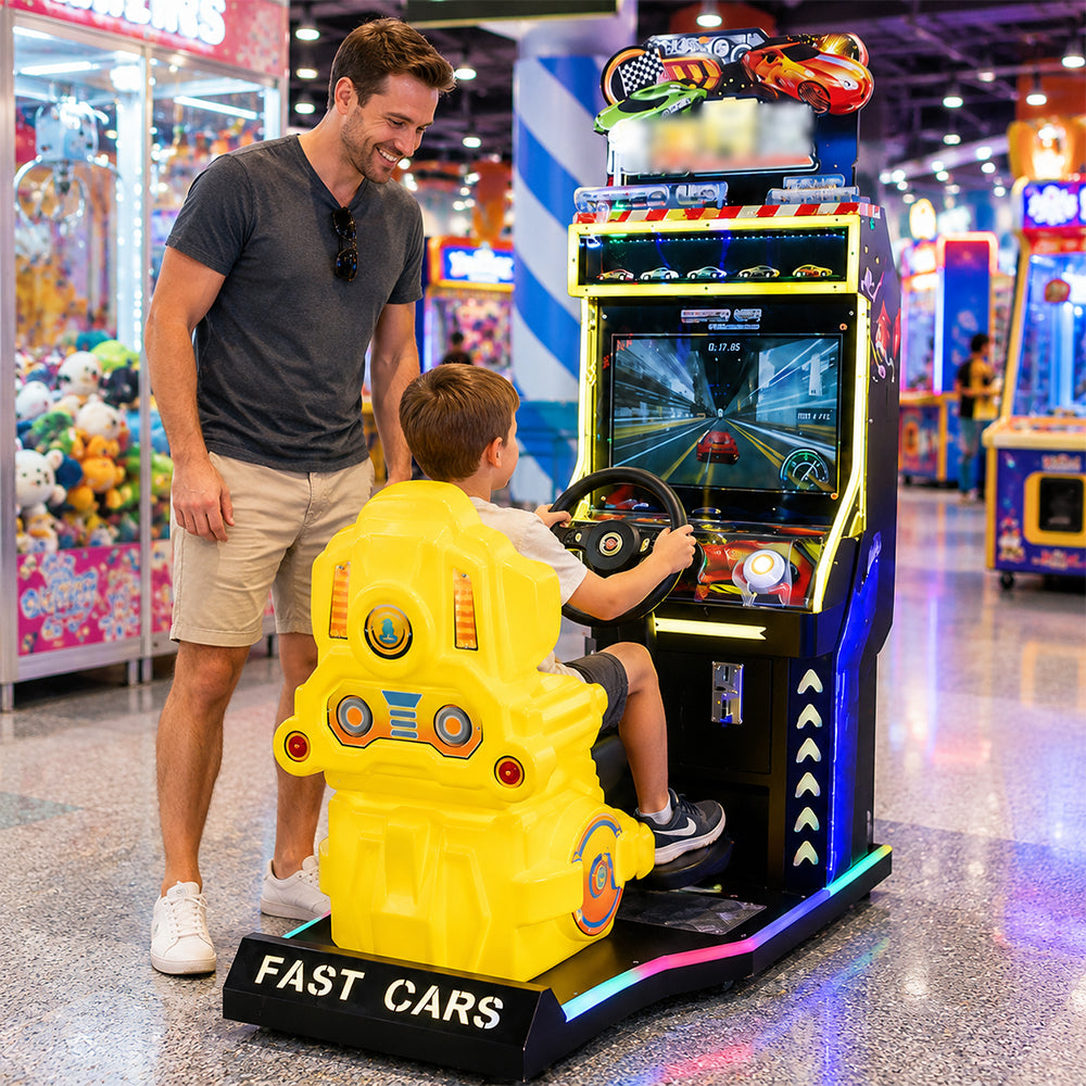 GAMEON Racing Arcade Machine - Coin Operated Kids Driving Game with Steering Wheel, Pedals, LCD Display & Interactive Car Racing Experience - Yellow