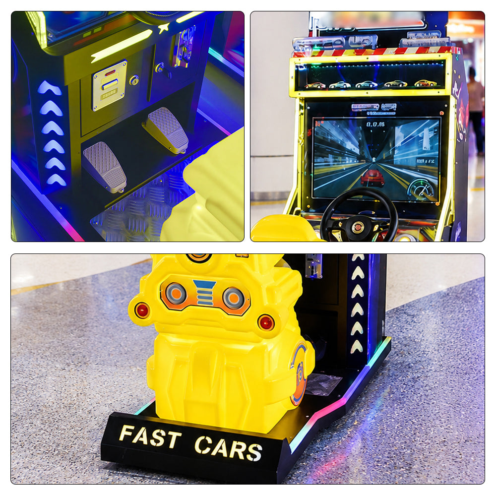 GAMEON Racing Arcade Machine - Coin Operated Kids Driving Game with Steering Wheel, Pedals, LCD Display & Interactive Car Racing Experience - Yellow