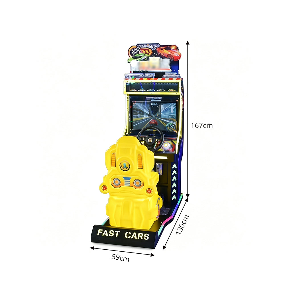 GAMEON Racing Arcade Machine - Coin Operated Kids Driving Game with Steering Wheel, Pedals, LCD Display & Interactive Car Racing Experience - Yellow