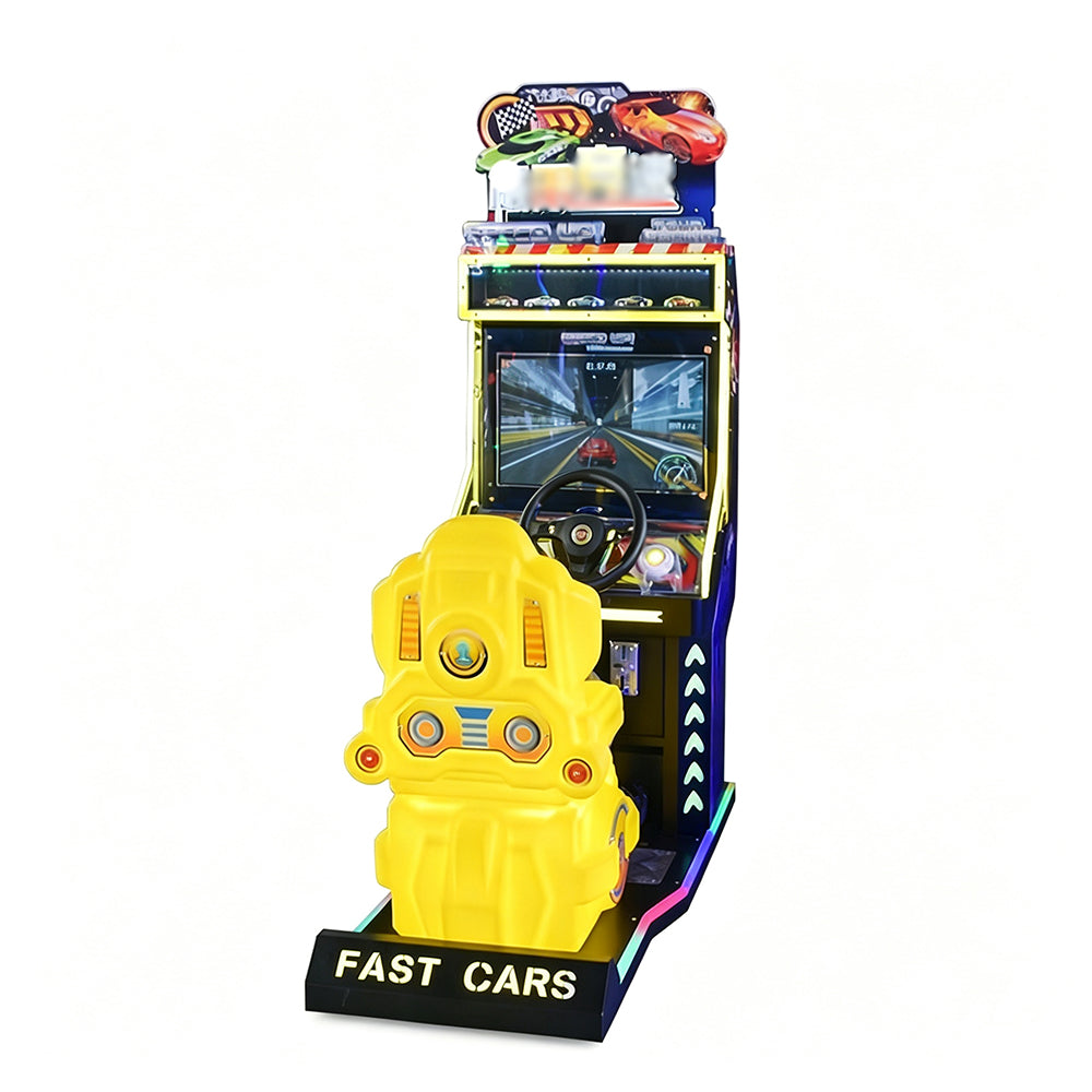 GAMEON Racing Arcade Machine - Coin Operated Kids Driving Game with Steering Wheel, Pedals, LCD Display & Interactive Car Racing Experience - Yellow