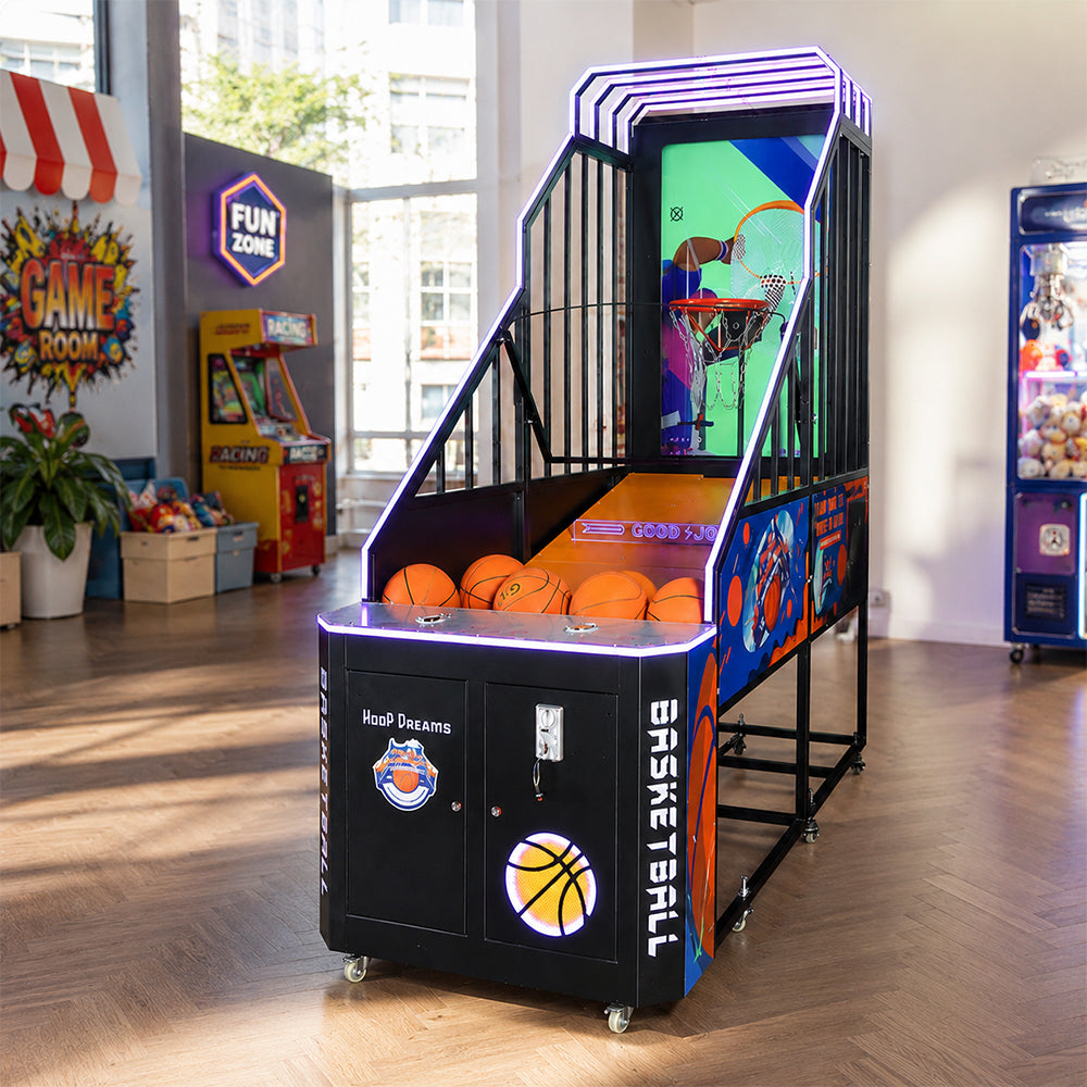 GAMEON Foldable Basketball Arcade Machine - Coin Operated Shooting Game with LCD Display, Hoop Challenge & Interactive Entertainment Experience - Black