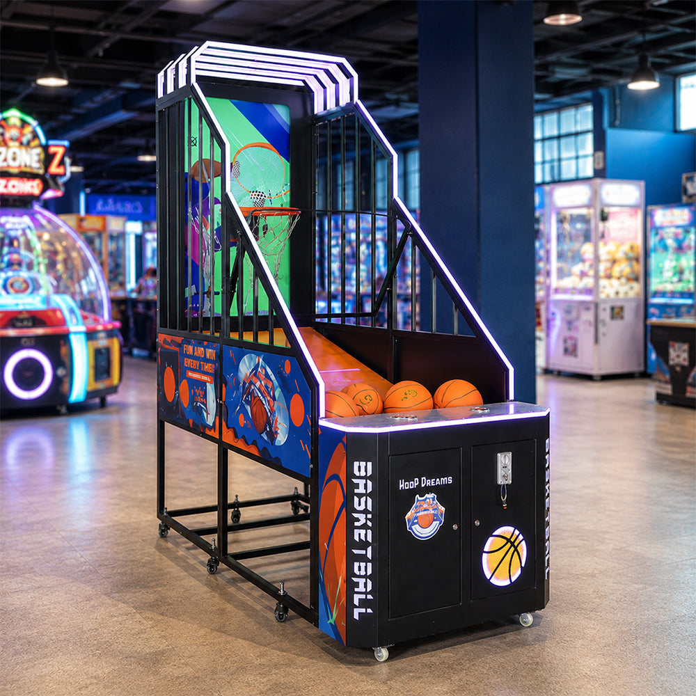GAMEON Foldable Basketball Arcade Machine - Coin Operated Shooting Game with LCD Display, Hoop Challenge & Interactive Entertainment Experience - Black