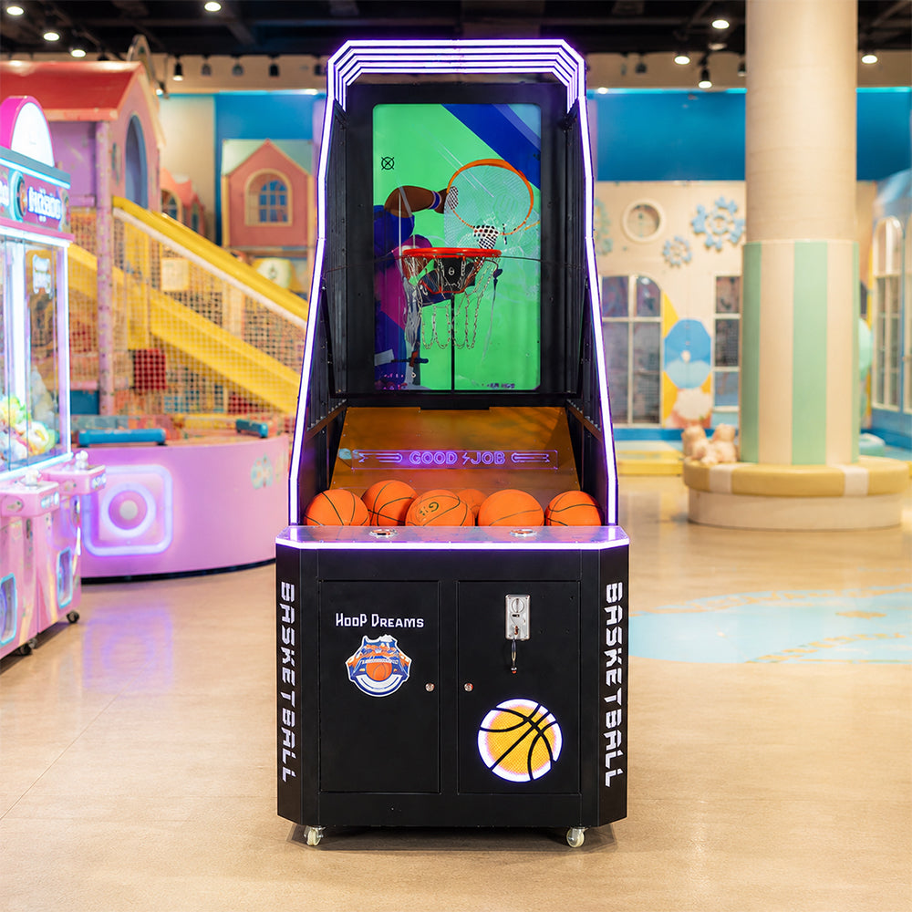 GAMEON Foldable Basketball Arcade Machine - Coin Operated Shooting Game with LCD Display, Hoop Challenge & Interactive Entertainment Experience - Black