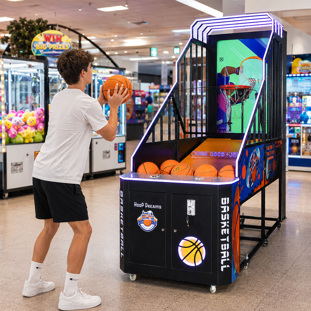 GAMEON Foldable Basketball Arcade Machine - Coin Operated Shooting Game with LCD Display, Hoop Challenge & Interactive Entertainment Experience - Black