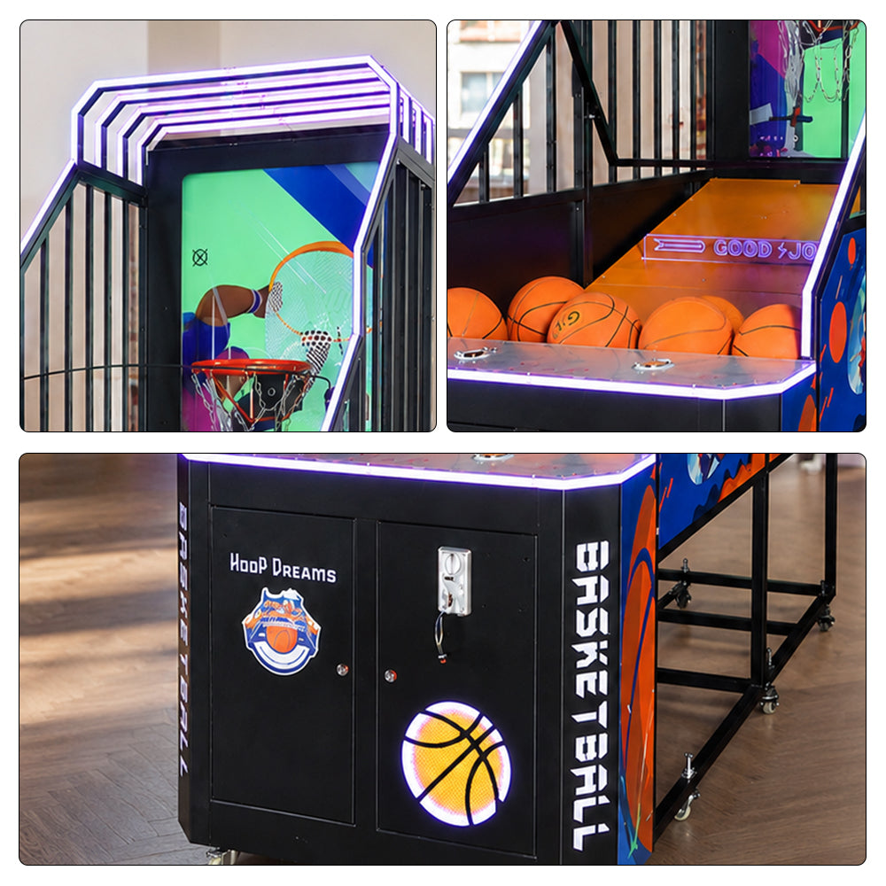 GAMEON Foldable Basketball Arcade Machine - Coin Operated Shooting Game with LCD Display, Hoop Challenge & Interactive Entertainment Experience - Black