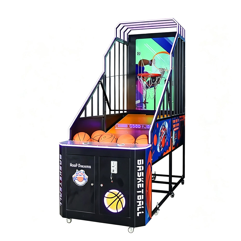 GAMEON Foldable Basketball Arcade Machine - Coin Operated Shooting Game with LCD Display, Hoop Challenge & Interactive Entertainment Experience - Black