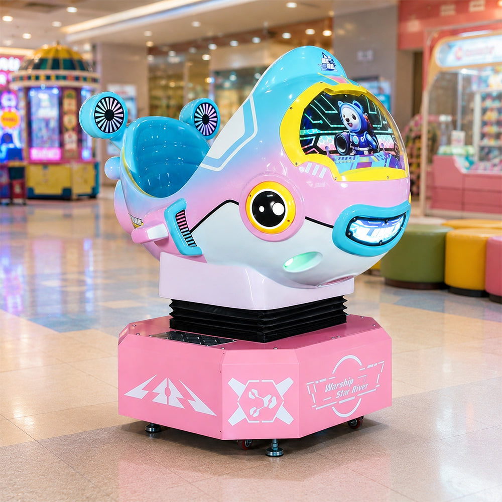 GAMEON Galaxy Battleship Rocking Ride Machine - Coin Operated Kids Arcade Game with Interactive Space Theme & Fun Riding Experience - Pink
