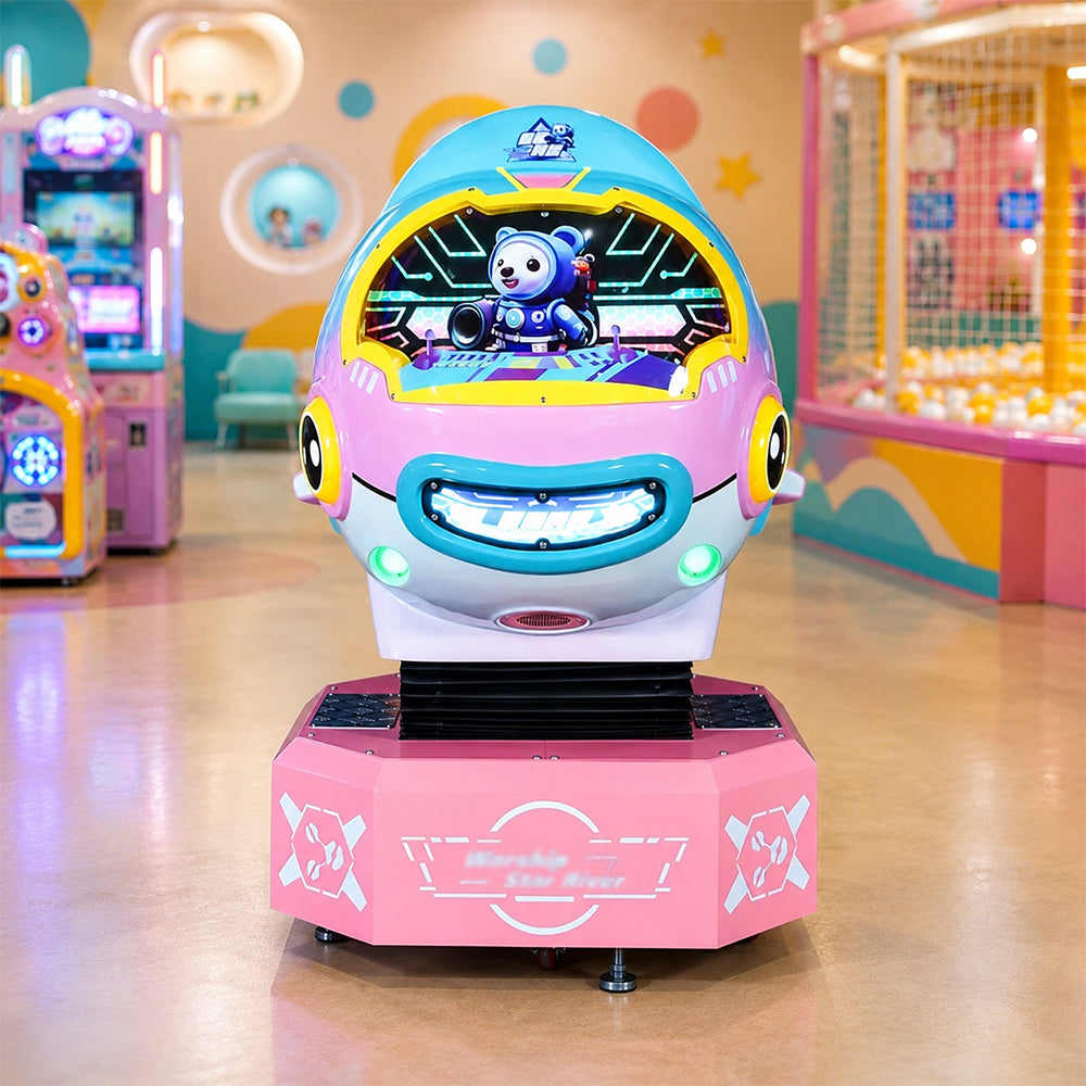 GAMEON Galaxy Battleship Rocking Ride Machine - Coin Operated Kids Arcade Game with Interactive Space Theme & Fun Riding Experience - Pink