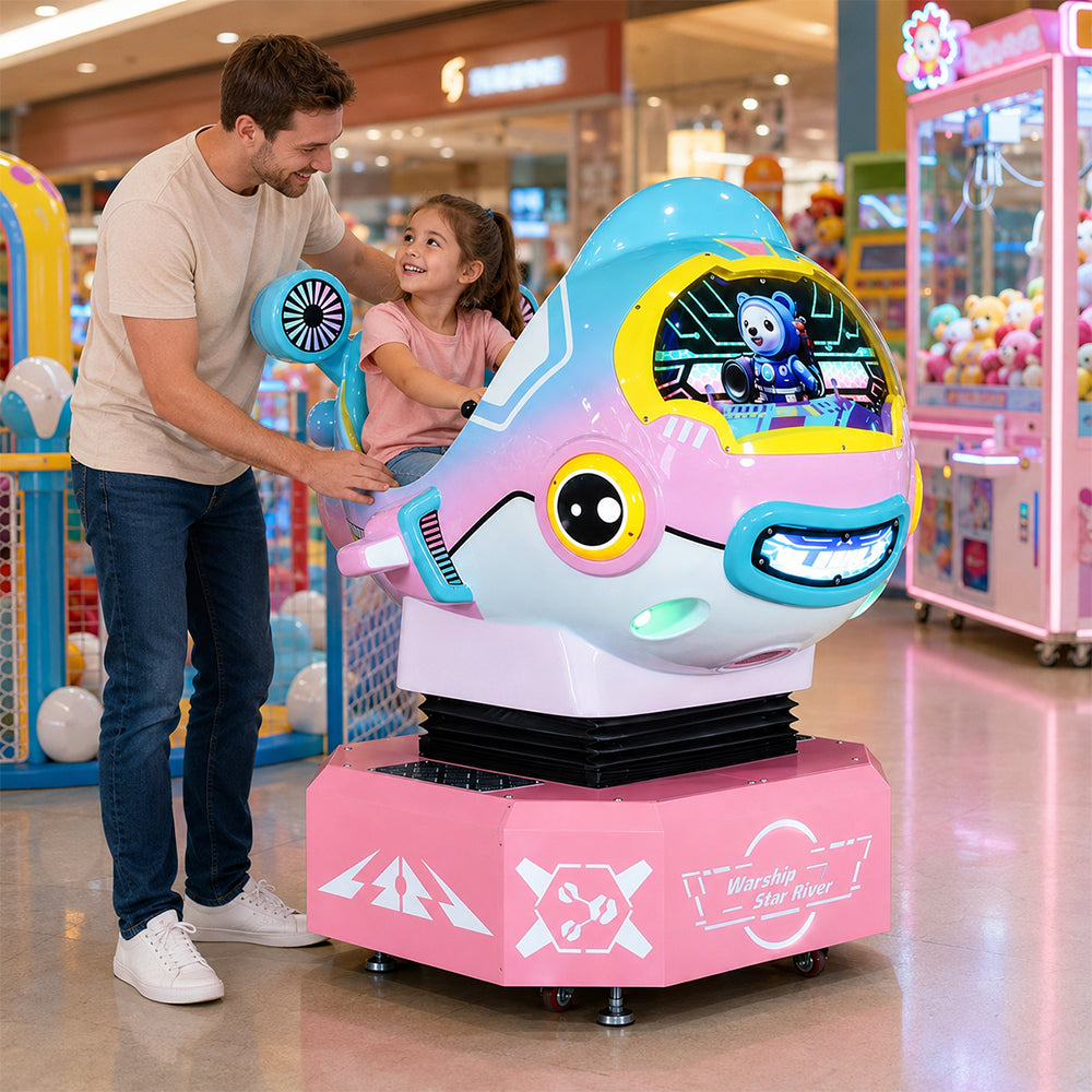GAMEON Galaxy Battleship Rocking Ride Machine - Coin Operated Kids Arcade Game with Interactive Space Theme & Fun Riding Experience - Pink