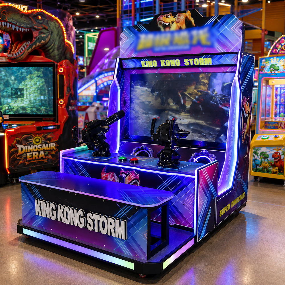 GAMEON Super Dinosaur Shooting Arcade Machine - Coin Operated Dual Player Gun Game with LCD Display, Interactive Battle Experience & LED Lights - Blue