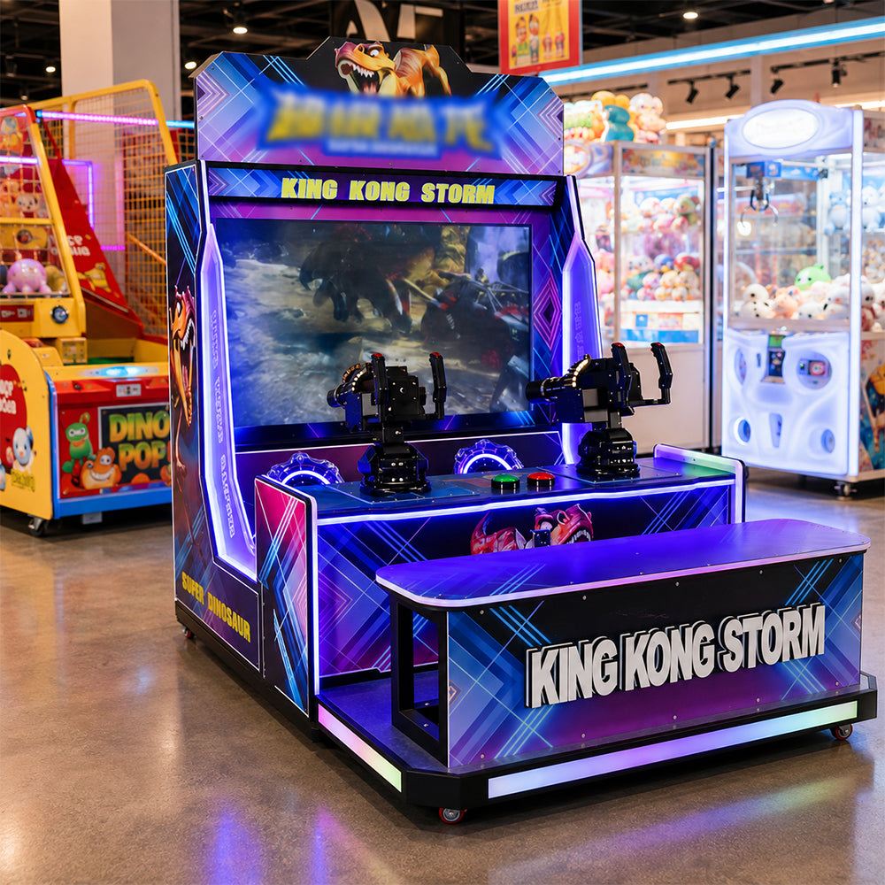 GAMEON Super Dinosaur Shooting Arcade Machine - Coin Operated Dual Player Gun Game with LCD Display, Interactive Battle Experience & LED Lights - Blue