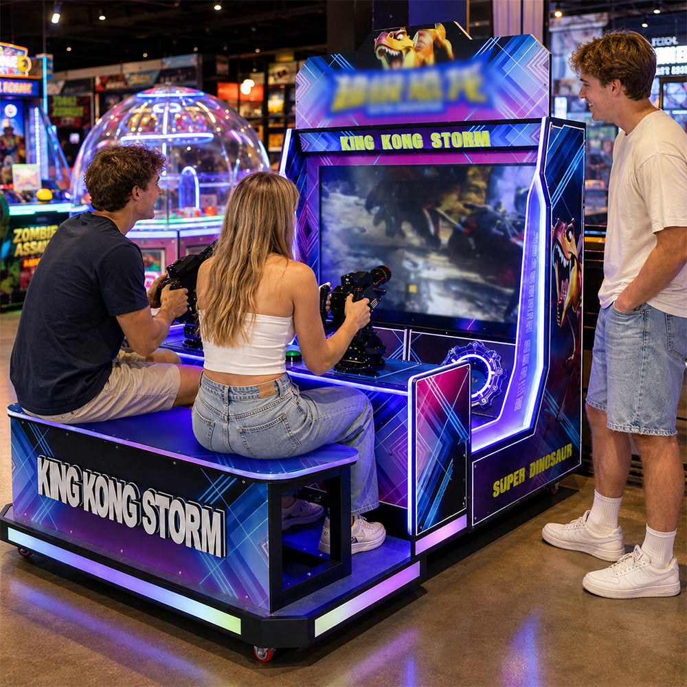 GAMEON Super Dinosaur Shooting Arcade Machine - Coin Operated Dual Player Gun Game with LCD Display, Interactive Battle Experience & LED Lights - Blue