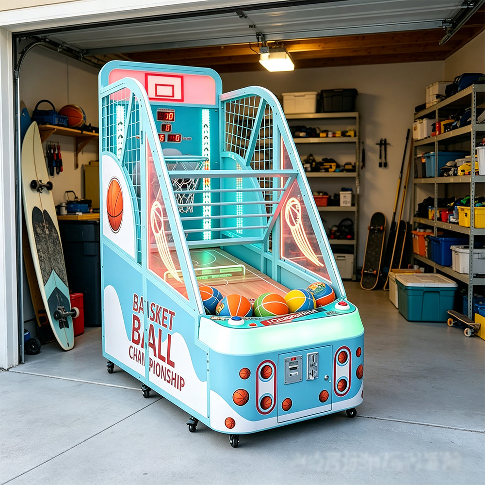 GAMEON Kids Basketball Arcade Machine - Coin Operated Shooting Game with LCD Display, Score Challenge & Interactive Family Entertainment Experience - Blue