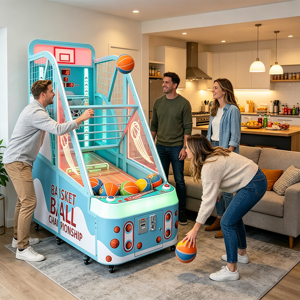 GAMEON Kids Basketball Arcade Machine - Coin Operated Shooting Game with LCD Display, Score Challenge & Interactive Family Entertainment Experience - Blue