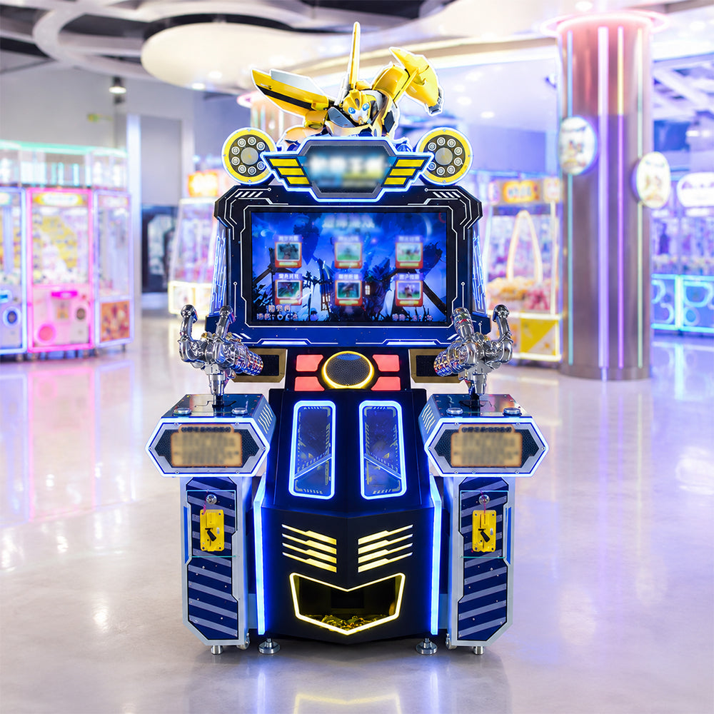 GAMEON Mecha Warrior Shooting Arcade Machine - Dual Player Coin Operated Gun Game with Mission Challenges, LCD Display & Interactive Battle Experience - Blue