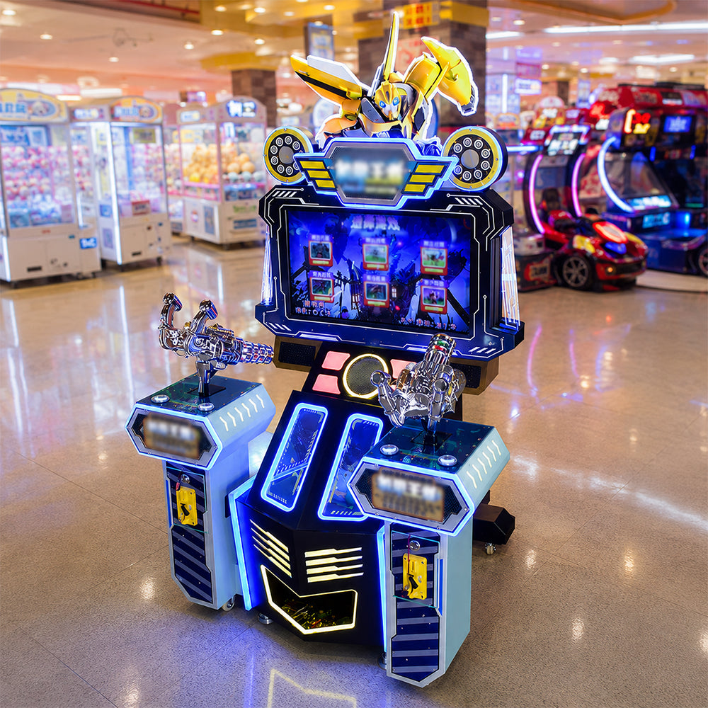 GAMEON Mecha Warrior Shooting Arcade Machine - Dual Player Coin Operated Gun Game with Mission Challenges, LCD Display & Interactive Battle Experience - Blue