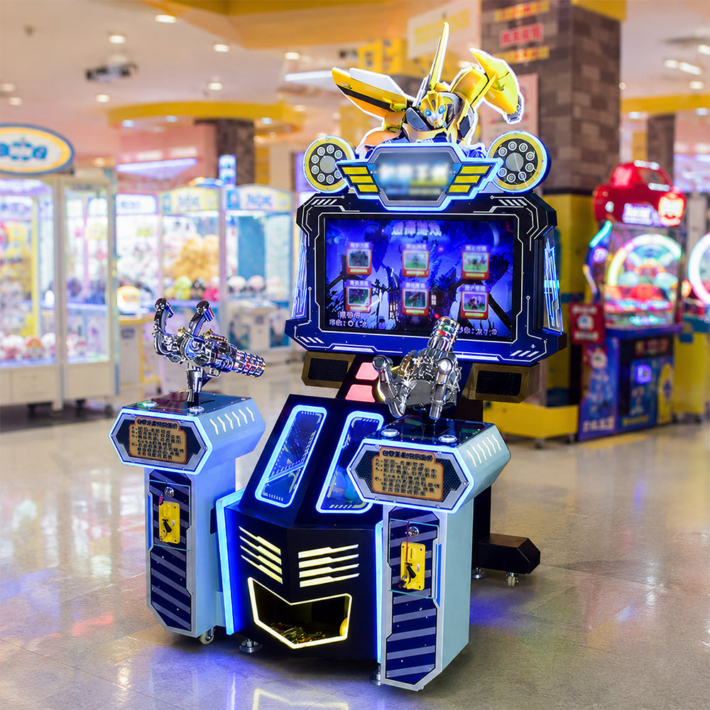 GAMEON Mecha Warrior Shooting Arcade Machine - Dual Player Coin Operated Gun Game with Mission Challenges, LCD Display & Interactive Battle Experience - Blue