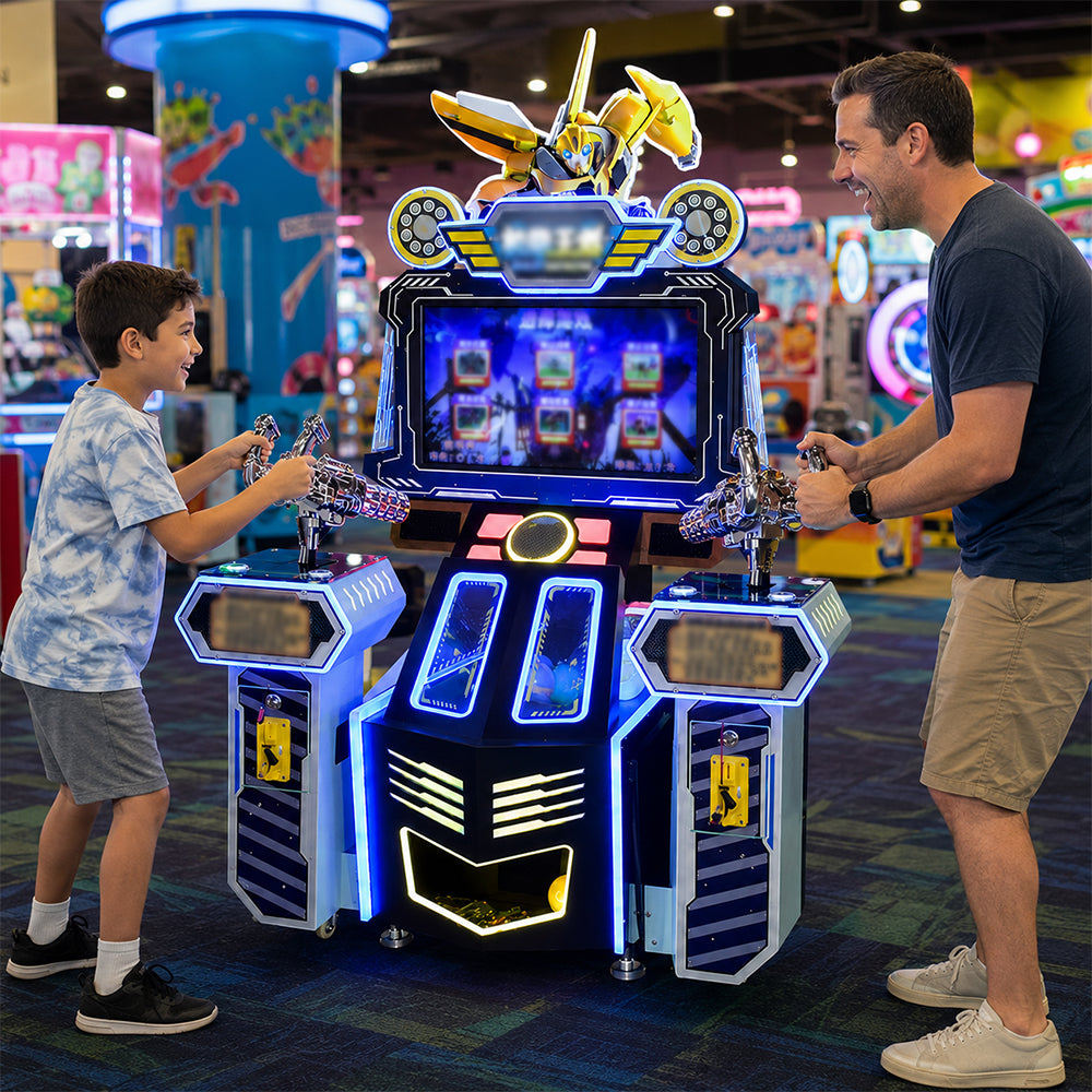 GAMEON Mecha Warrior Shooting Arcade Machine - Dual Player Coin Operated Gun Game with Mission Challenges, LCD Display & Interactive Battle Experience - Blue