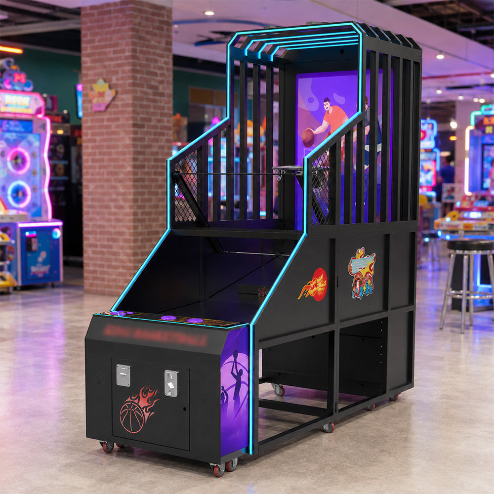 GAMEON Street Basketball Arcade Machine - Coin Operated Shooting Game with 60" LCD Display, PK Challenge & Interactive Basketball Experience - Black