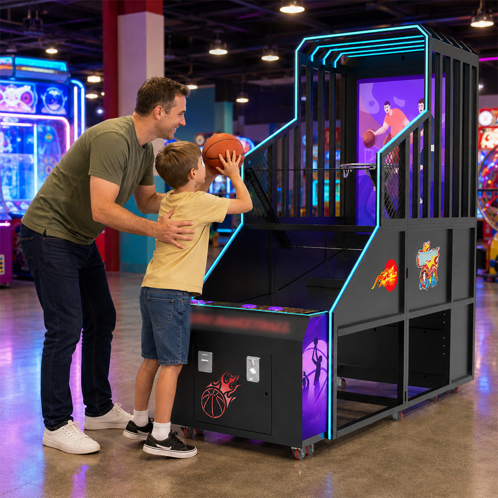 GAMEON Street Basketball Arcade Machine - Coin Operated Shooting Game with 60" LCD Display, PK Challenge & Interactive Basketball Experience - Black