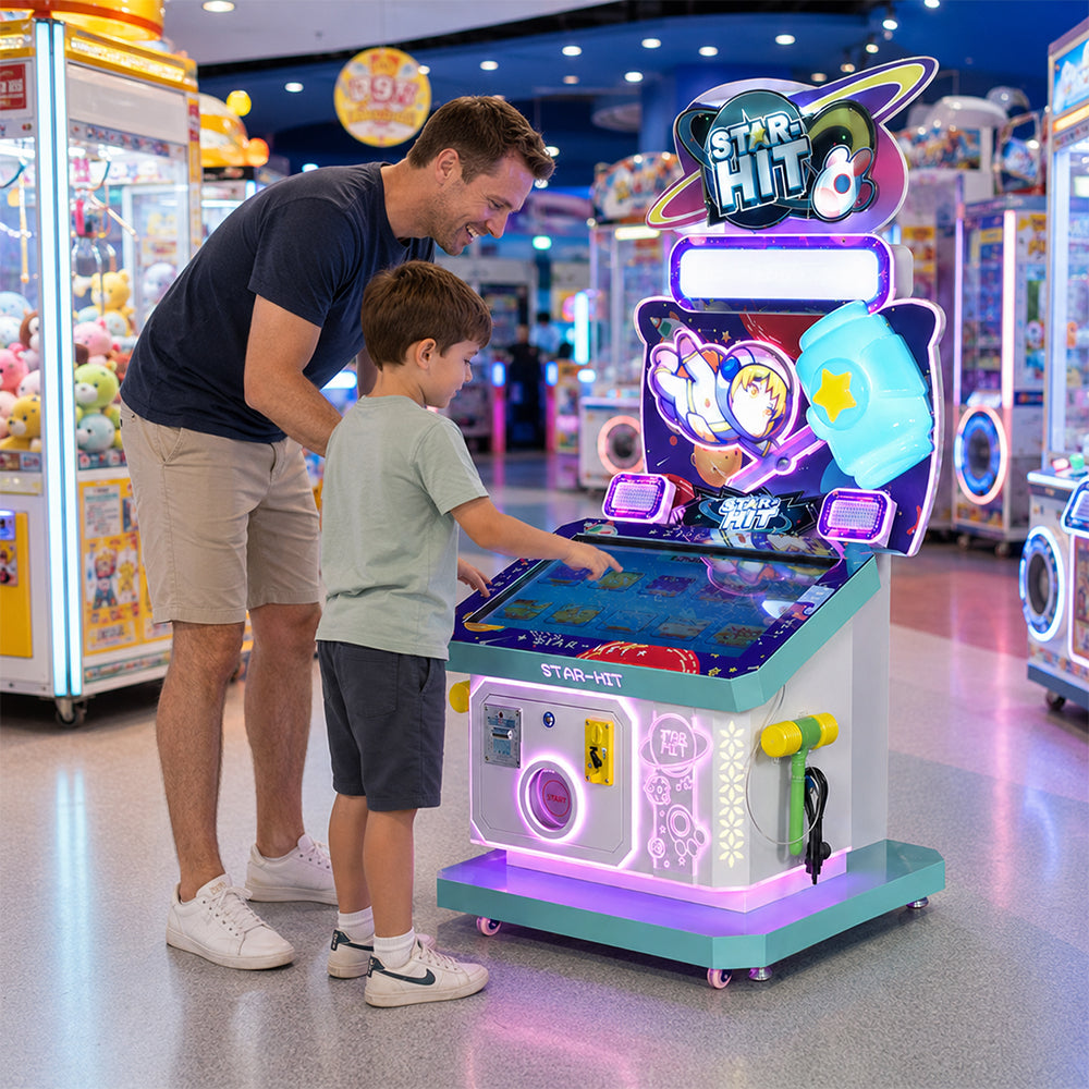 GAMEON Planet Whack Fun Arcade Machine - Coin Operated Kids Hammer Game with Interactive Challenge, LED Lights & Family Entertainment Experience - Purple