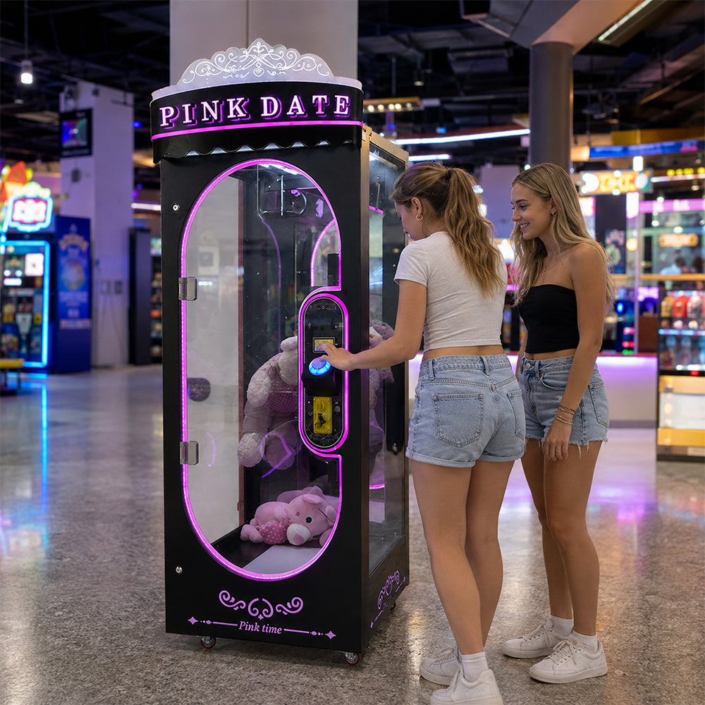 GAMEON Pink Time Scissor Prize Machine - Coin Operated Claw Game with Interactive Cutting Challenge & Plush Toy Reward Experience - Black
