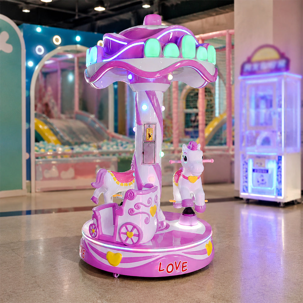 GAMEON Sweet Carousel Ride Machine - Coin Operated Kids Merry Go Round with Three Seats, LED Lights & Interactive Amusement Experience - Purple