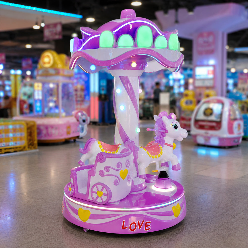 GAMEON Sweet Carousel Ride Machine - Coin Operated Kids Merry Go Round with Three Seats, LED Lights & Interactive Amusement Experience - Purple