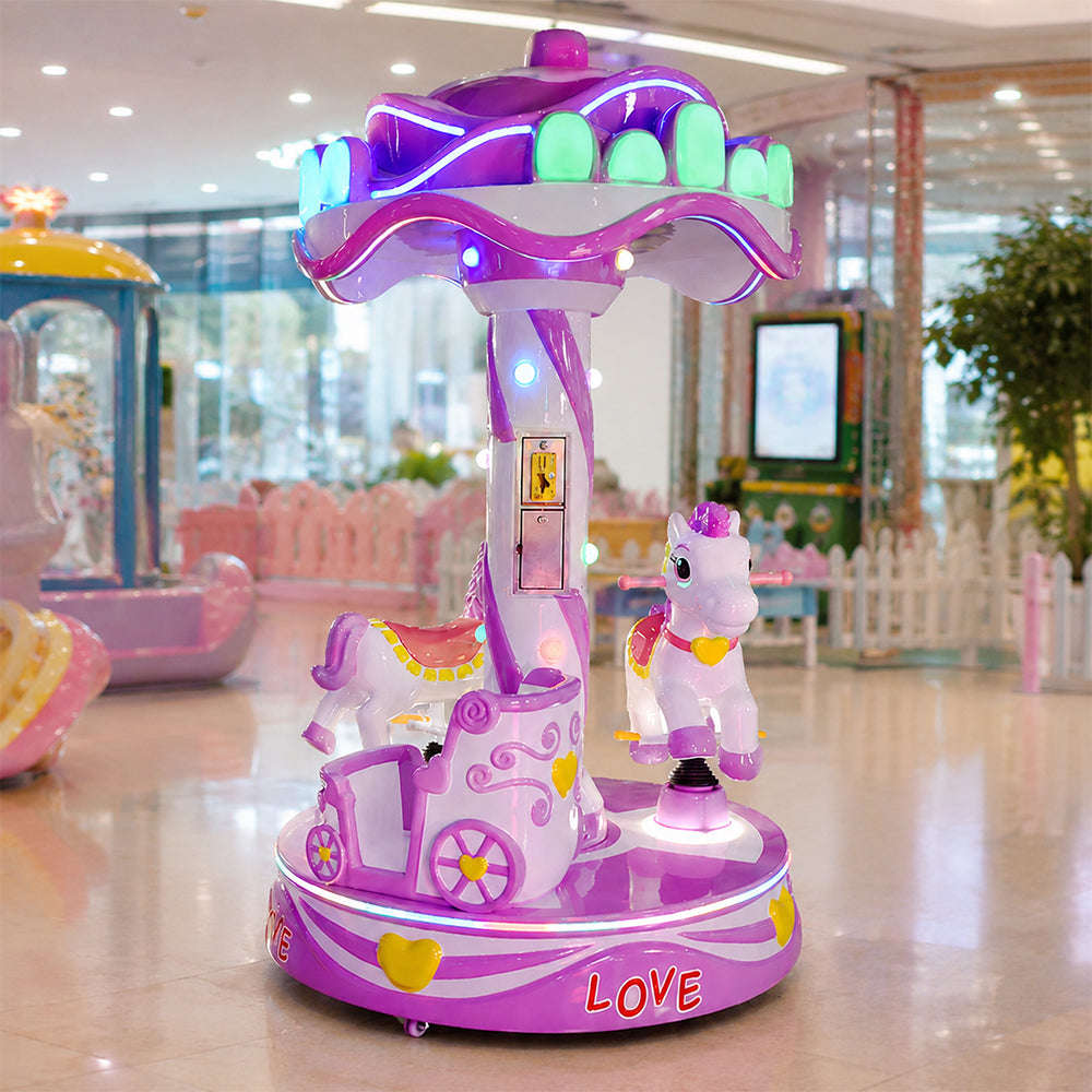 GAMEON Sweet Carousel Ride Machine - Coin Operated Kids Merry Go Round with Three Seats, LED Lights & Interactive Amusement Experience - Purple