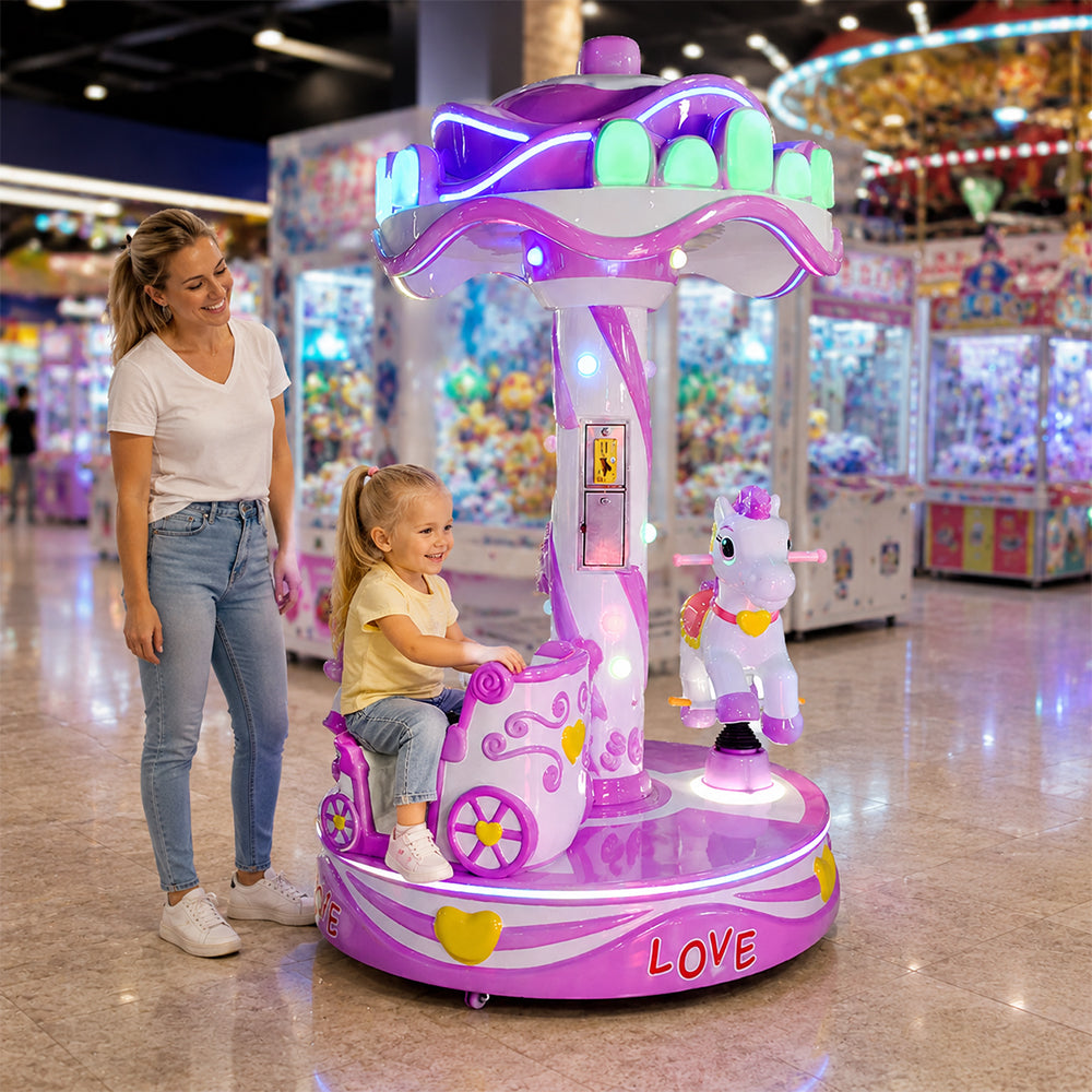 GAMEON Sweet Carousel Ride Machine - Coin Operated Kids Merry Go Round with Three Seats, LED Lights & Interactive Amusement Experience - Purple