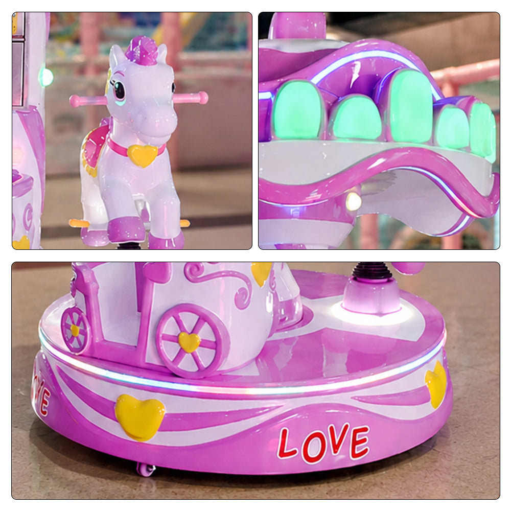 GAMEON Sweet Carousel Ride Machine - Coin Operated Kids Merry Go Round with Three Seats, LED Lights & Interactive Amusement Experience - Purple