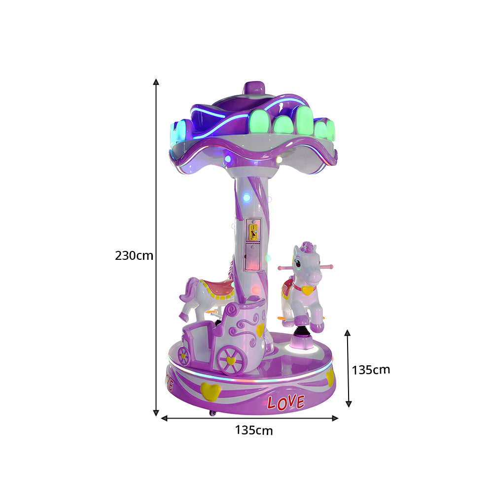 GAMEON Sweet Carousel Ride Machine - Coin Operated Kids Merry Go Round with Three Seats, LED Lights & Interactive Amusement Experience - Purple