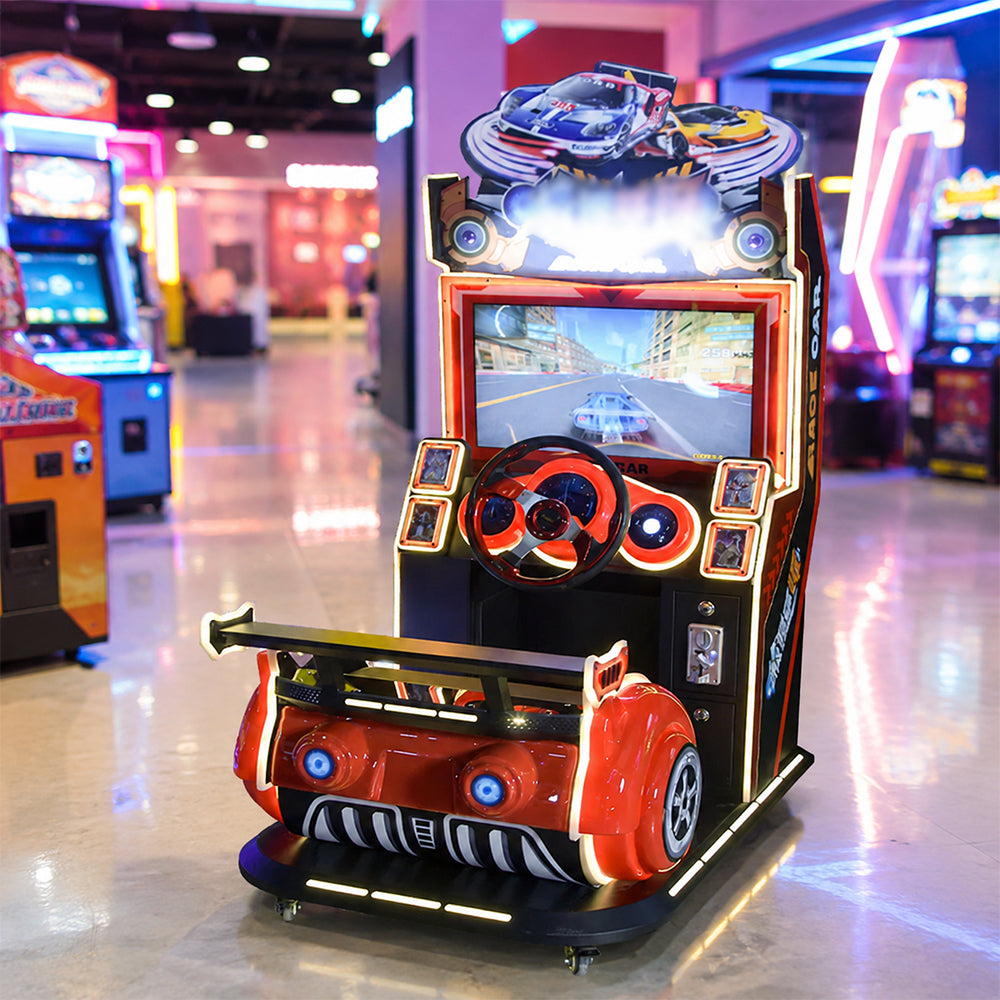 GAMEON Kids Racing Arcade Machine - Coin Operated Driving Simulator with Steering Wheel, Pedals, LCD Display & Interactive Racing Experience - Red